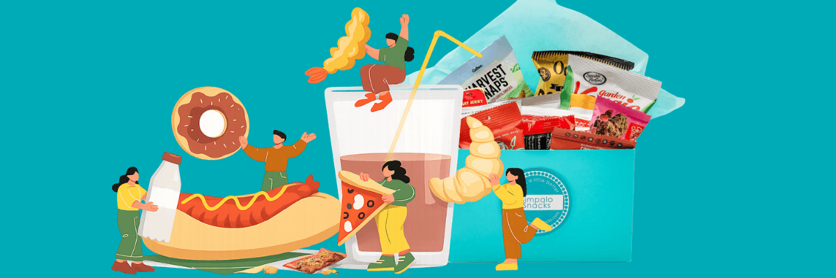 A colorful illustration features oversized snacks and drinks, including a hot dog, donut, milk bottle, pizza slice, chips, and a large cup. Tiny illustrated people interact with the food items against a teal background.