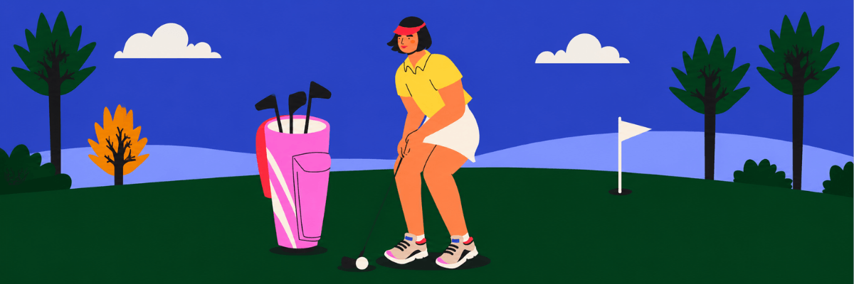 An illustration shows a woman preparing to hit a golf ball on a green course beside a bright pink golf bag. Trees, rolling hills, clouds, and a flag marking the hole fill the blue and green background.