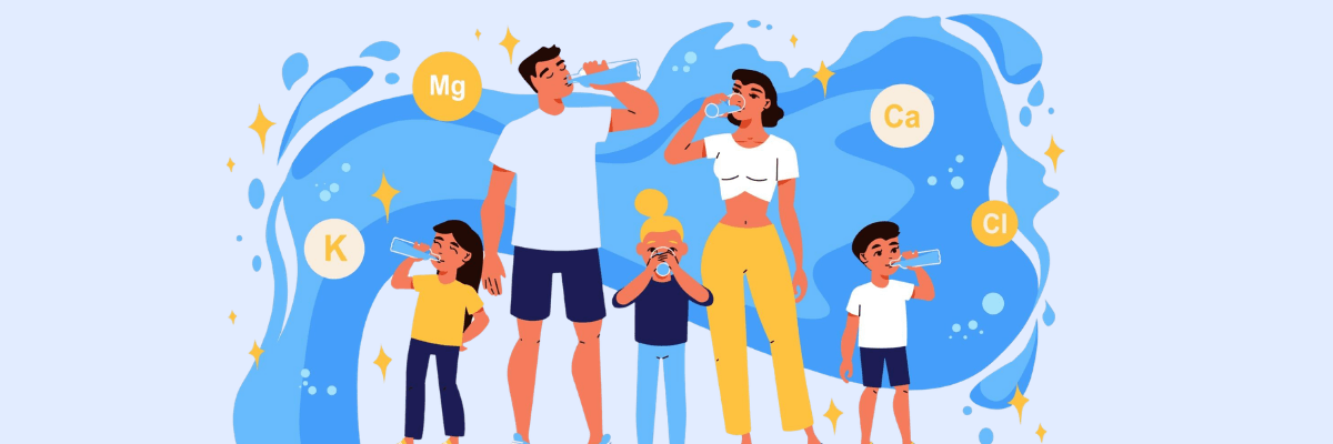 An illustration shows a family of five drinking glasses of water against a large blue splash background. Floating circles labeled Mg, Ca, K, and Cl represent essential minerals surrounding the family.