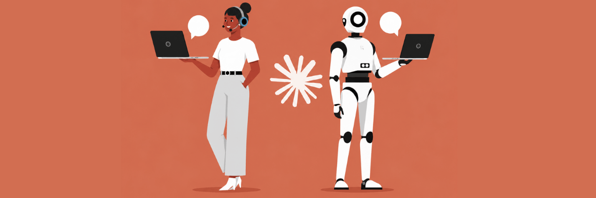 An illustration compares a customer service representative and a humanoid robot, with both holding laptops and speech bubbles above them. The two figures stand on an orange background with a white starburst graphic between them.