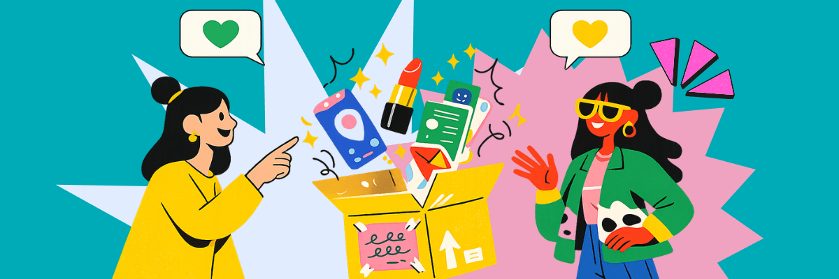 An illustration shows two people excitedly opening a cardboard box filled with colorful items, including makeup, skincare products, envelopes, and cards. Heart icons in speech bubbles float above them against a teal and pink background.