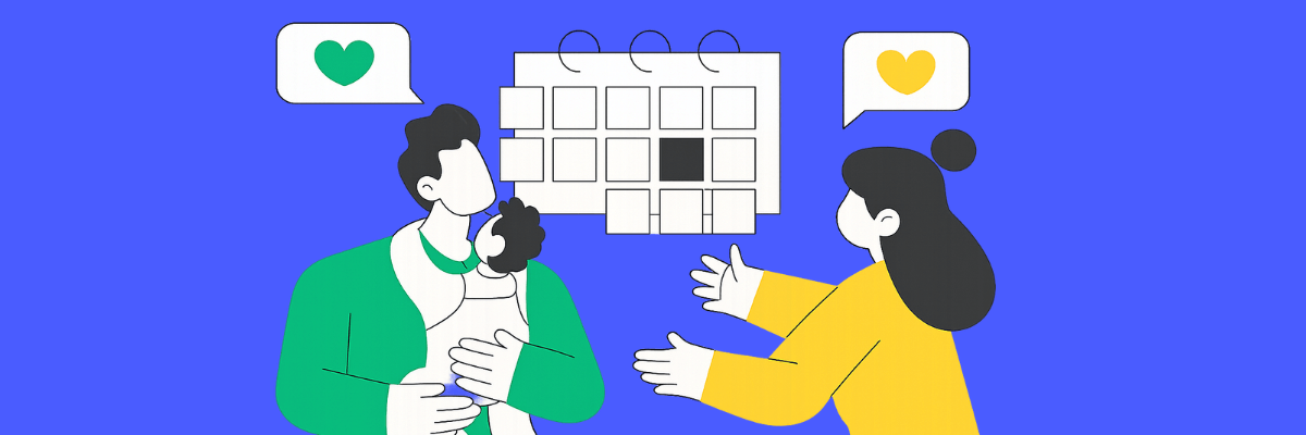 An illustration shows two parents talking while one holds a small child in their arms in front of a calendar. Heart icons appear in speech bubbles above them against a blue background, suggesting a conversation about family scheduling.