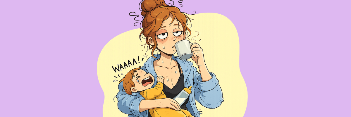 An illustration depicts an exhausted parent holding a crying baby in one arm while drinking from a mug with the other. The parent has messy hair, dark under-eye circles, and sweat drops, emphasizing fatigue and the challenges of caring for an infant.
