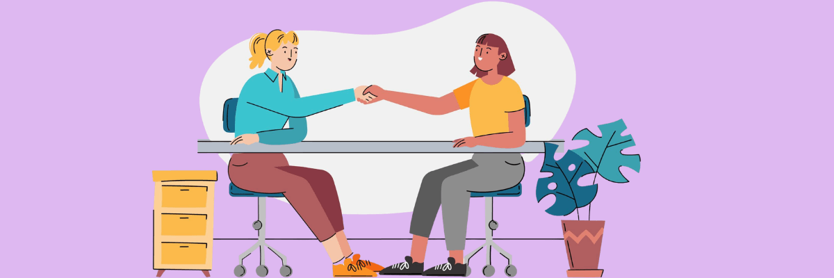 An illustration shows two women sitting across from each other at a table and shaking hands. A small filing cabinet and a potted plant appear on either side against a light purple background.