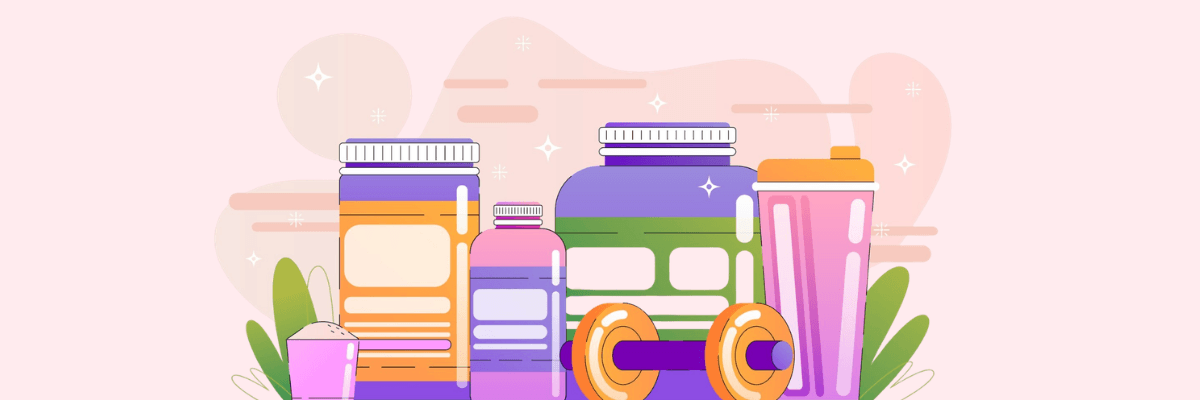 A colorful illustration features several supplement containers, a shaker bottle, a small cup, and a dumbbell surrounded by green leaves. The objects are arranged against a soft pink background with abstract shapes and sparkling accents.