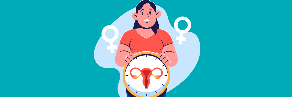 A colorful illustration shows a woman holding a large clock featuring a diagram of the female reproductive system. Female gender symbols appear in the background against a teal backdrop.