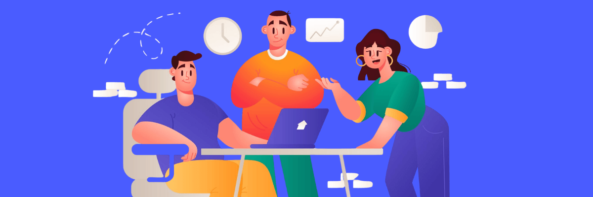 A colorful illustration shows three coworkers gathered around a laptop at a desk. Office chairs, a clock, a chart, and abstract speech bubbles appear in the background.