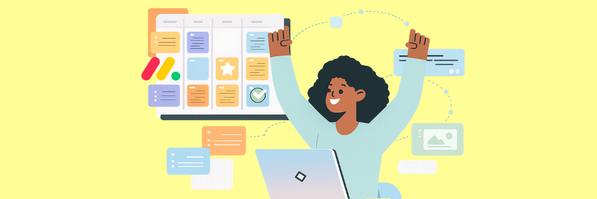 A colorful illustration shows a smiling woman raising both arms while sitting behind a laptop. A digital task board, message boxes, and other work-related interface elements surround her against a pale yellow background.