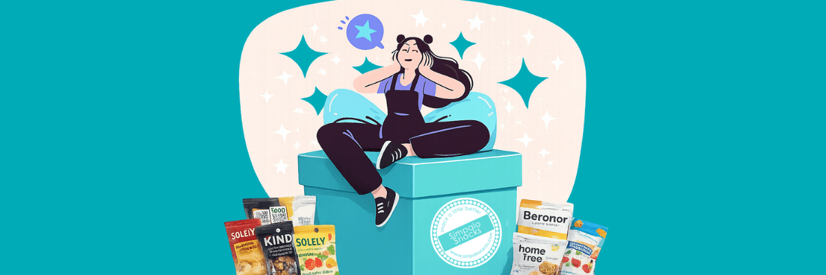 An illustration shows a woman sitting cross-legged on top of a large blue snack box with her hands on her face, surrounded by sparkling stars. Various packaged snack products are displayed around the box against a teal background.