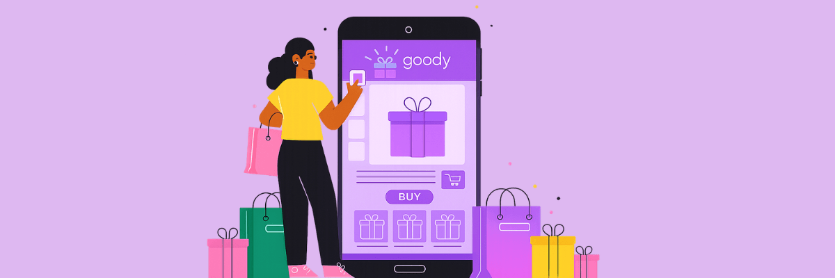 An illustration shows a woman shopping on a mobile app displaying gift boxes and a large present on the screen. Colorful shopping bags and wrapped gifts surround the phone against a light purple background.