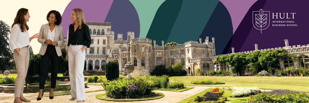 A banner image shows three professionally dressed women walking and talking in front of a historic stone estate with landscaped gardens. The HULT International Business School logo appears in the top-right corner against a background of overlapping geometric shapes in shades of purple and green.