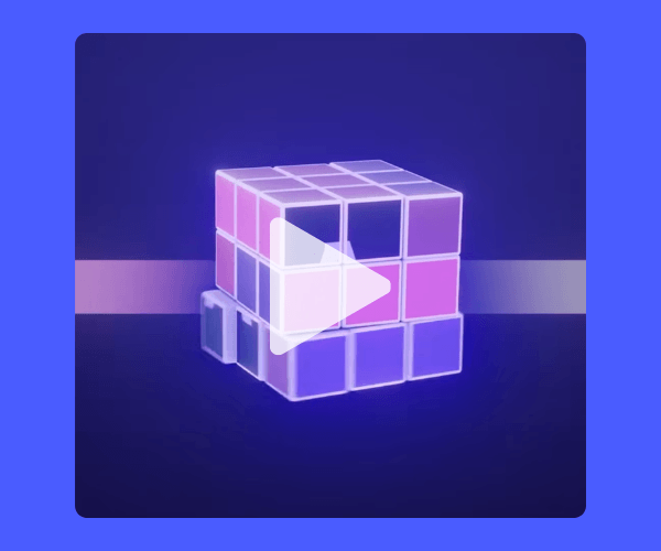A glowing purple and pink cube animation is shown against a dark blue background with a play button overlay. The cube appears translucent with illuminated edges, giving it a futuristic, digital look.