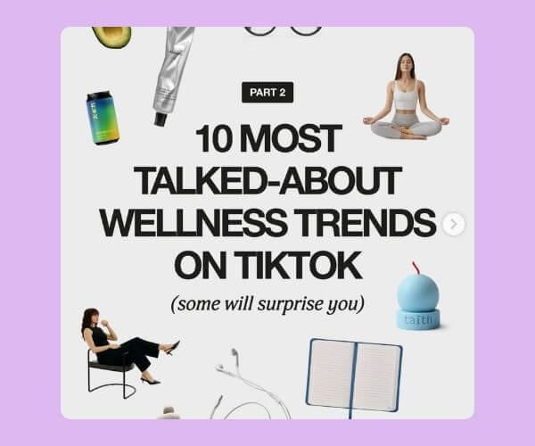 “10 Most Talked-About Wellness Trends on TikTok” appears in large black text at the center of a white graphic. Small images of wellness-related products and activities, including supplements, meditation, a journal, and a seated woman, surround the headline.