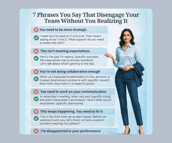 An infographic titled “7 Phrases You Say That Disengage Your Team Without You Realizing It” lists workplace phrases alongside suggested alternatives. An illustrated woman in a light blue shirt and dark pants stands on the right side of the graphic.