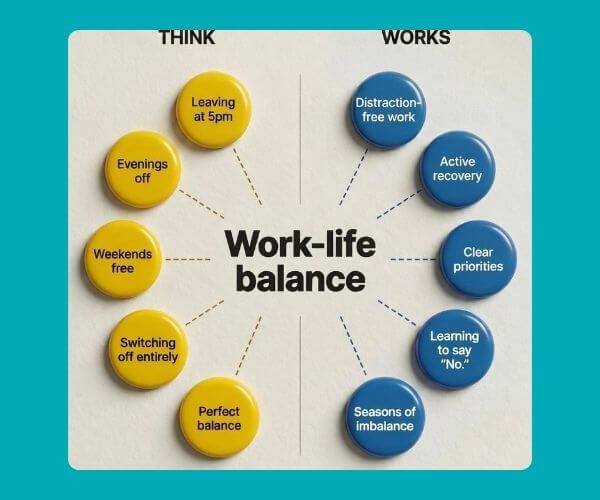 A work-life balance graphic places yellow buttons on the “think” side and blue buttons on the “works” side around the central title. The buttons list ideas such as leaving at 5 p.m., switching off entirely, distraction-free work, clear priorities, and accepting seasons of imbalance.
