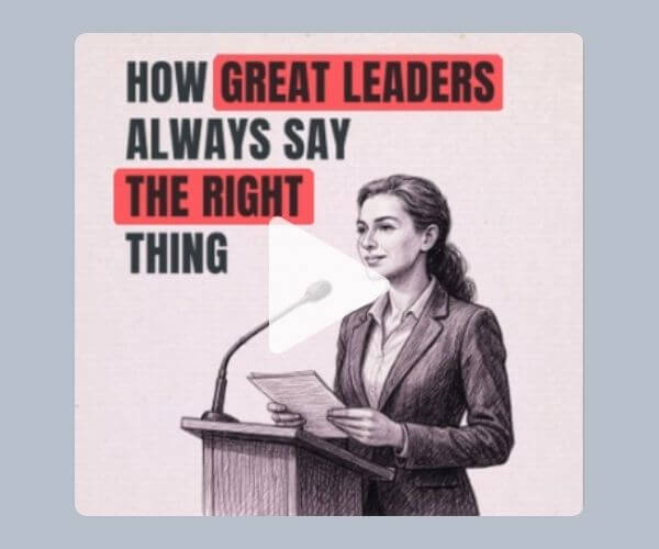 A grayscale illustration shows a woman in a blazer standing at a podium and reading from a sheet of paper. Large text beside her reads, “How great leaders always say the right thing,” with selected words highlighted in red.