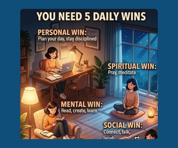 An illustrated nighttime scene shows three women in separate areas of a home, with one working at a desk, one reading, and another meditating. Text across the image outlines five daily wins, including personal, mental, spiritual, and social wins.