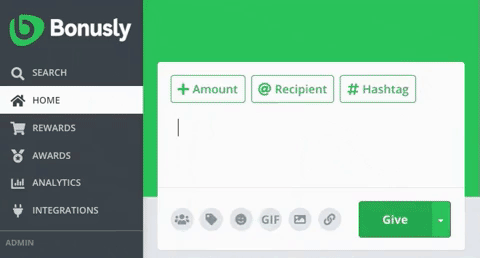 A screenshot of the Bonusly platform shows the recognition message composer with fields for amount, recipient, and hashtag. The left sidebar displays navigation options including Home, Rewards, Awards, Analytics, and Integrations.