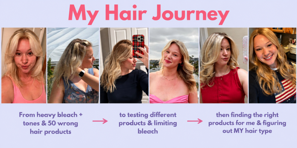 our different hair textures side by side — straight, wavy, curly, coily — with product bottles scattered around them