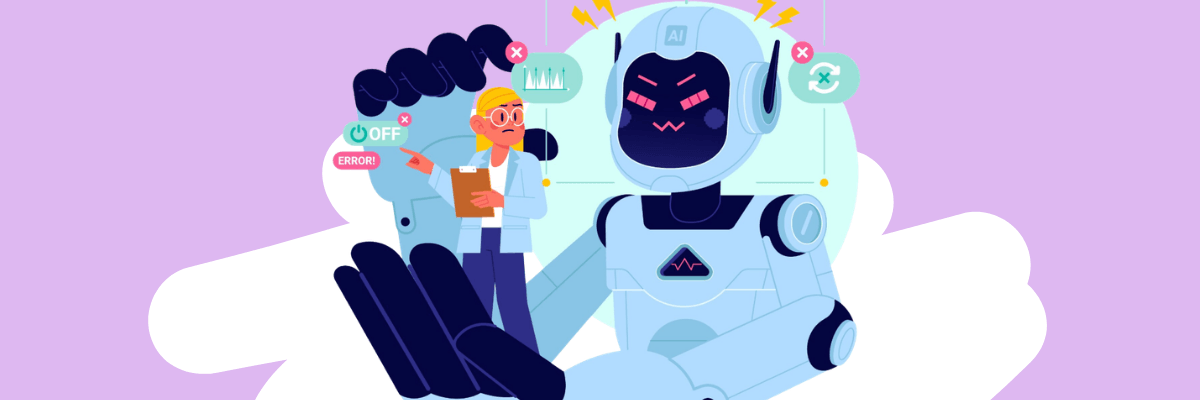 An illustration shows a worried person holding a clipboard while standing beside a giant robot with an angry expression. Error icons, warning symbols, and malfunction indicators surround the robot against a light purple background.