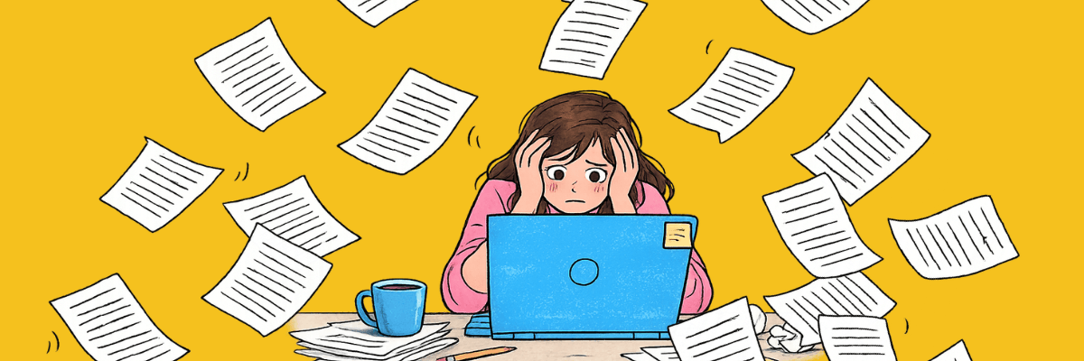 A cartoon illustration shows an overwhelmed person sitting at a desk with their head in their hands while working on a laptop. Papers fly around them against a bright yellow background, with a coffee mug, pencil, and stacks of documents on the desk.
