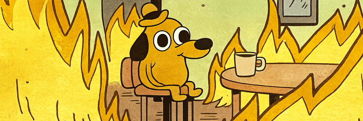 A cartoon dog sits calmly at a table holding a mug while flames surround the room in a classic "this is fine" scene. Fire fills the background as the dog remains seated in a chair with a neutral expression.