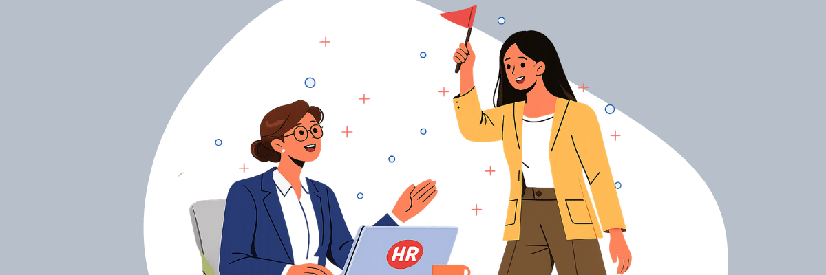Two illustrated women are shown in a workplace setting, with one seated behind a laptop marked “HR” and the other standing beside her holding a small red flag. Simple circles and plus signs decorate the white background behind them.