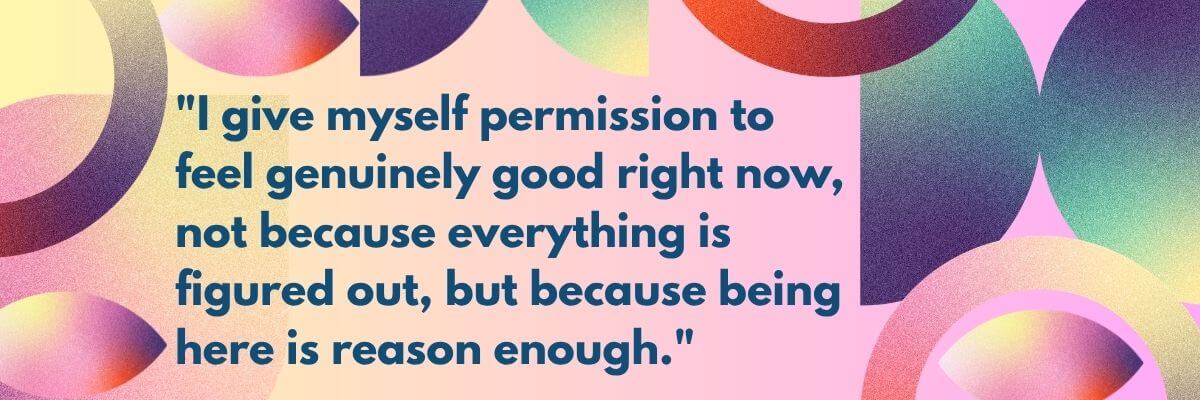 A colorful graphic features a quote in dark blue text centered on a soft pink background. Large abstract shapes in purple, yellow, orange, and green surround the quote.