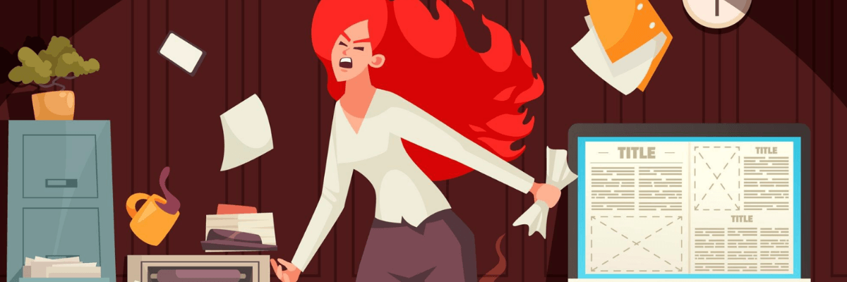 An illustrated woman with long red hair stands in the middle of a busy office with papers flying around her. Filing cabinets, a desk, a computer screen, and other office items fill the background.