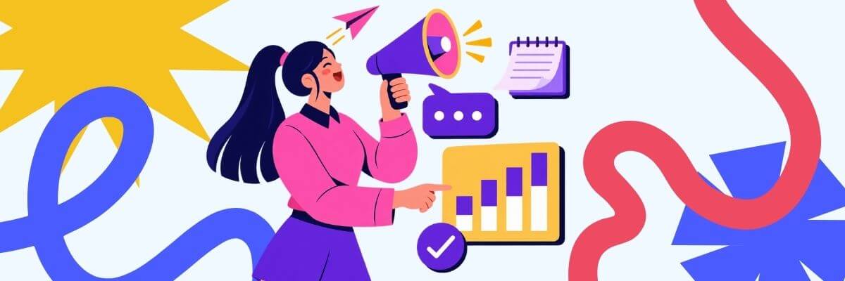 A colorful illustration shows a woman in a pink top holding a megaphone while pointing toward a bar chart, with a notebook, chat bubble, checkmark, and paper airplane around her. Bold blue, red, yellow, and purple abstract shapes fill the background.