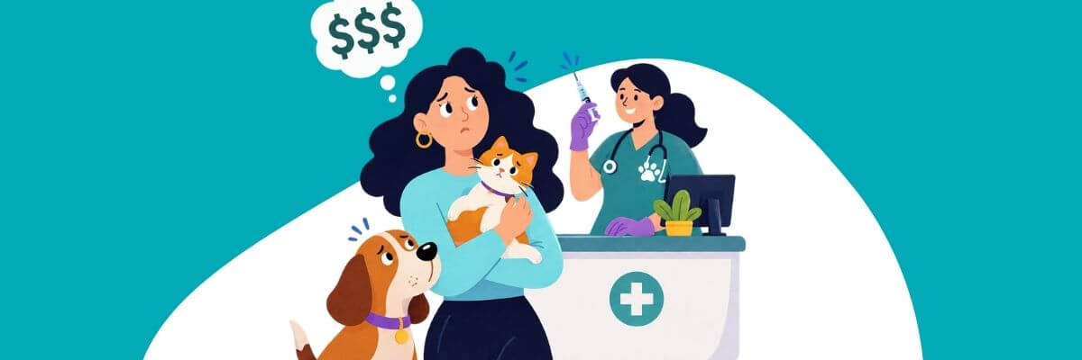 An illustration shows a woman holding a cat and standing beside a worried-looking dog at a veterinary clinic, with a veterinarian preparing a syringe in the background. A thought bubble above the woman contains dollar signs, emphasizing the potential cost of veterinary care.