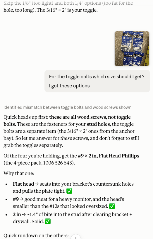A screenshot shows a conversation about choosing the correct screws and toggle bolts for mounting a monitor setup. The response recommends #9 × 2-inch flat-head Phillips wood screws and explains why the size works for the bracket and wall.