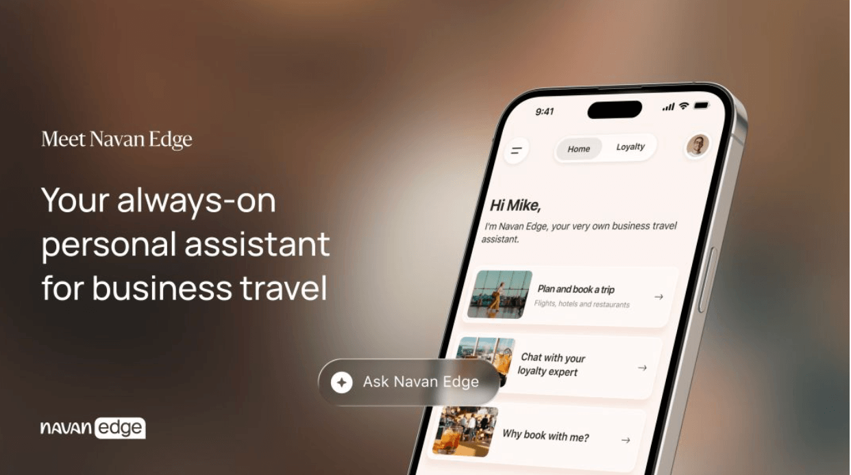 A promotional graphic for Navan Edge displays a smartphone showing a business travel assistant app interface. Text on the left describes it as an always-on personal assistant for business travel, with an “Ask Navan Edge” button below.
