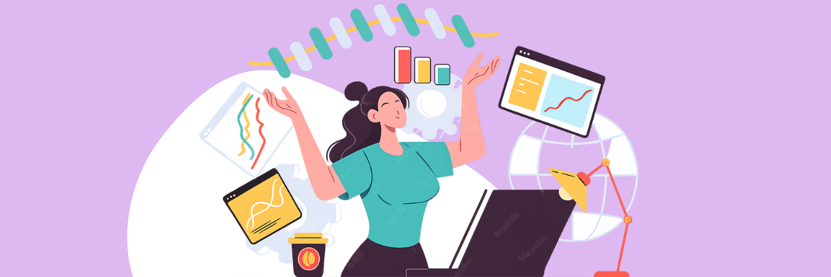 An illustration shows a woman smiling with her arms raised while working at a laptop surrounded by floating charts, graphs, and digital devices. A coffee cup, desk lamp, and globe appear beside her against a light purple background.