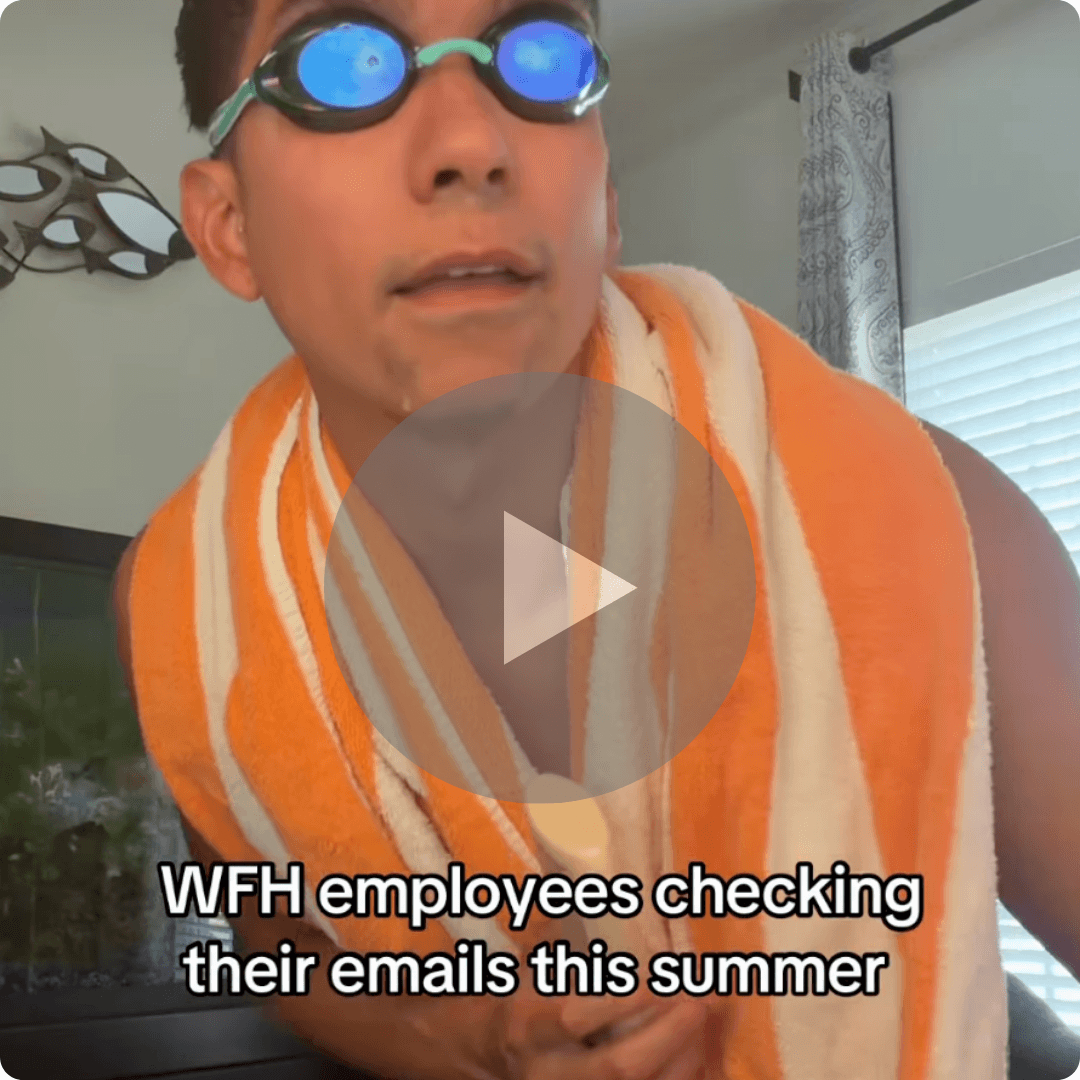 A video thumbnail shows a person wearing swim goggles and an orange-and-white towel around their shoulders indoors. Caption text at the bottom reads, "WFH employees checking their emails this summer.”
