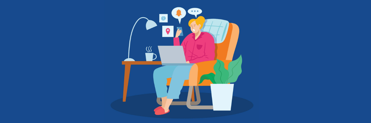 A colorful illustration shows a person working on a laptop while relaxing in a cushioned armchair beside a small table with a steaming mug and desk lamp. Notification icons float above the laptop, and a potted plant sits nearby against a solid blue background, suggesting a comfortable work-from-home setting.