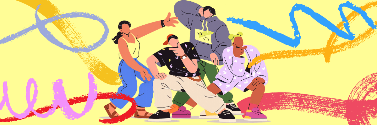 A colorful illustration shows four people posing together in energetic dance-like stances. Bright, hand-drawn brush strokes in pink, blue, orange, and yellow fill the background.