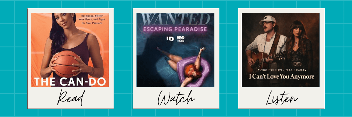 Three Polaroid-style cards recommend a book, a TV series, and a song. They feature The Can-Do, Wanted: Escaping Pearadise, and Morgan Wallen and Ella Langley’s “I Can’t Love You Anymore,” labeled “Read,” “Watch,” and “Listen.”