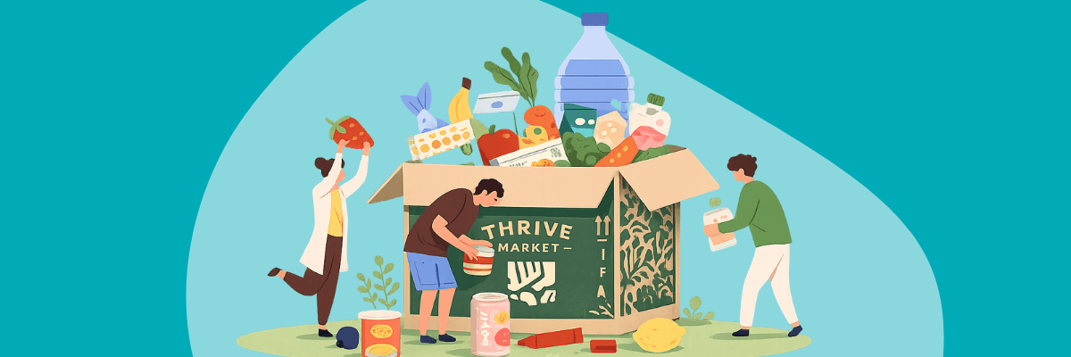 A colorful illustration shows three people unpacking groceries into a large reusable box labeled "Thrive Market." The box is filled with fresh produce, pantry items, and bottled water, while canned goods, vegetables, and other groceries are arranged around it against a teal background.