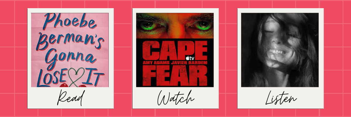 Three polaroid-style cards are arranged across a pink grid background, labeled “Read,” “Watch,” and “Listen.” Each card features different content, including a handwritten book title, a “Cape Fear” graphic, and a black-and-white portrait.