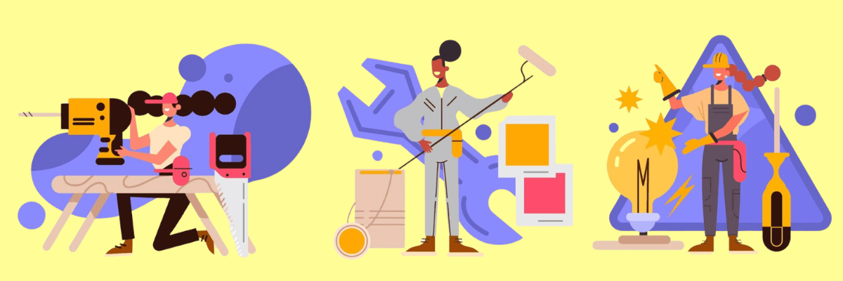 Three illustrated scenes feature people working with different creative equipment against a bright yellow background. The left group uses a large camera, the center figure holds a boom microphone, and the group on the right works with tools and equipment.