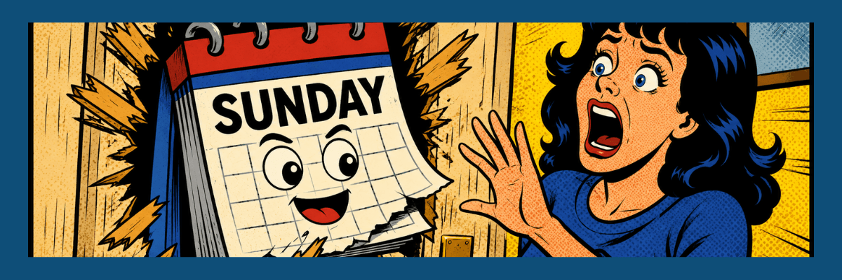 A comic-style scene shows an animated calendar marked “SUNDAY” bursting through a wooden wall. Beside it, a woman with dark hair and a blue top raises her hands with a wide-eyed, open-mouthed expression.