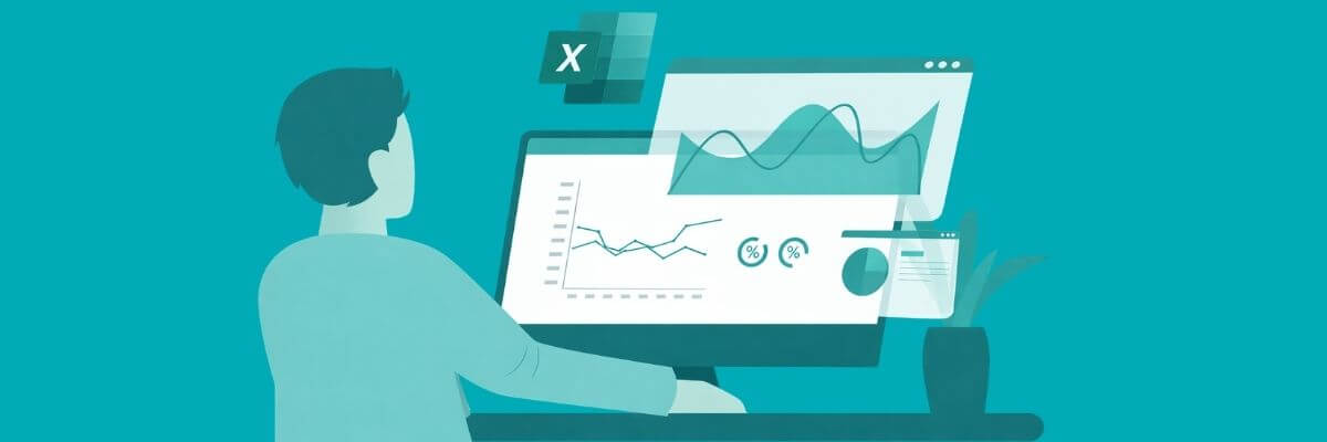 An illustration shows a person sitting at a computer and viewing several charts and data visualizations on screen. The graphic uses teal and light blue tones, with a small Excel-style icon above the monitor.