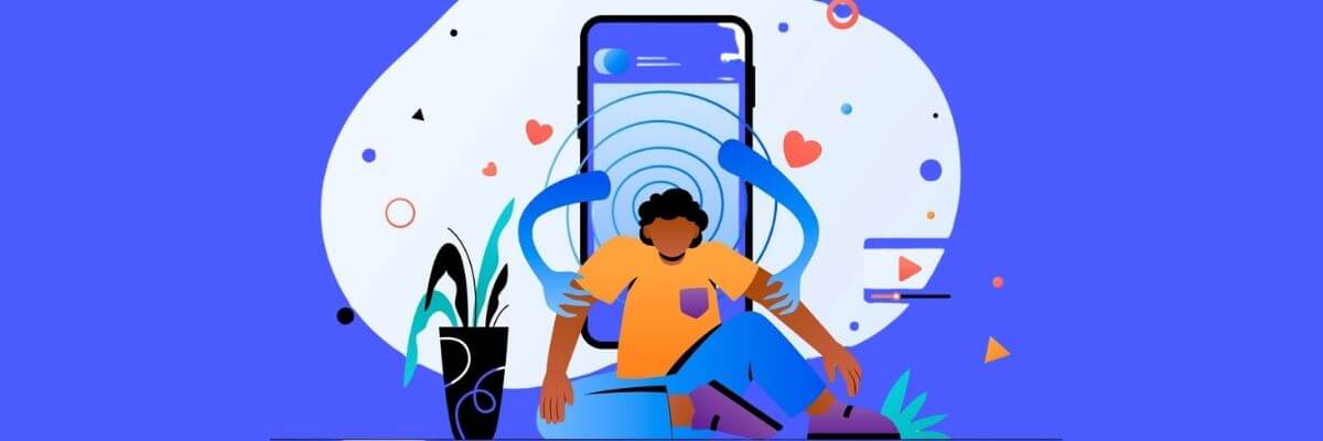 An illustration shows a person sitting on the floor in front of a large smartphone displaying a social media-style screen. Blue and red hearts, interface icons, and plants surround the person.