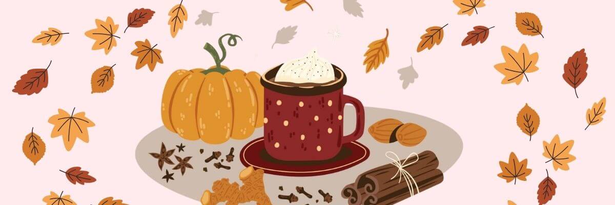 An autumn-themed illustration shows a pumpkin and a mug of whipped-cream-topped coffee surrounded by cinnamon sticks, spices, and scattered leaves. Warm orange and brown tones stand out against a pale pink background.