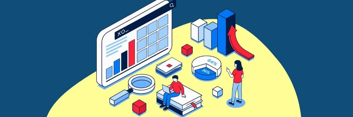 A blue-and-yellow illustration shows two people examining business data and charts, with bar graphs, a pie chart, a magnifying glass, documents, and rising arrows arranged around them. The graphic uses an abstract dashboard and analytics theme to represent data analysis and growth.
