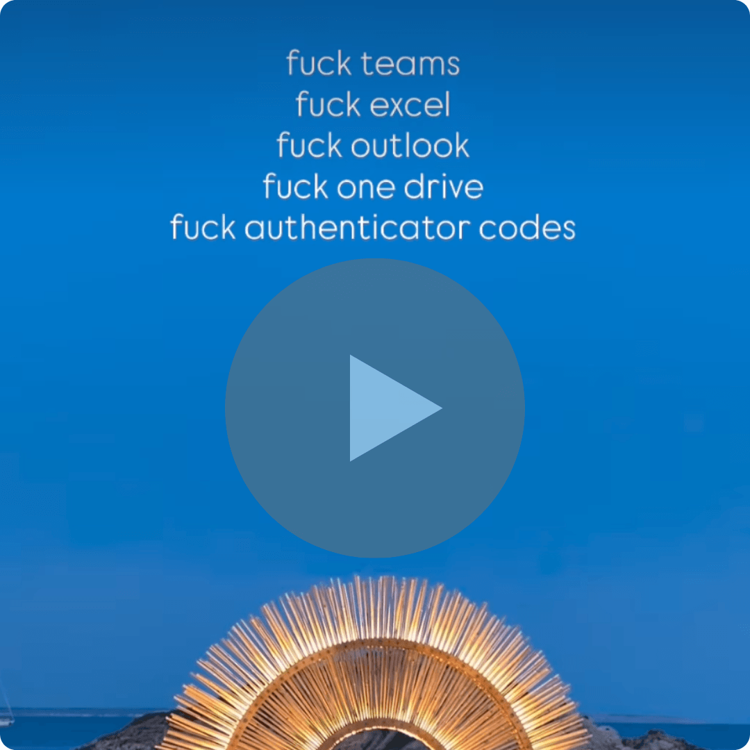 A video-style graphic has a blue background with white text listing frustrations about workplace tools, including Teams, Excel, Outlook, OneDrive, and authenticator codes. A large translucent play button sits in the center above a woven circular chair or decorative structure.