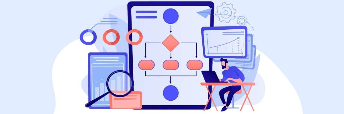 An illustration shows a person sitting at a desk with a laptop, surrounded by a large flowchart, charts, documents, and other workflow elements. The graphic uses soft blue, purple, and coral tones and depicts a digital process being planned or analyzed.