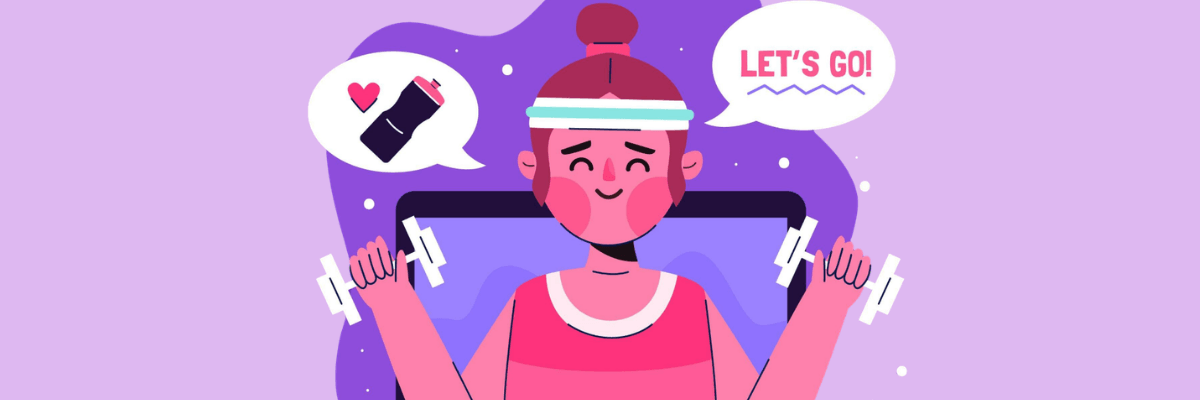 An illustration shows a smiling person in workout clothes lifting dumbbells while wearing a headband and winter hat. Speech bubbles with a heart, a fitness tracker, and the words “LET’S GO!” appear against a purple background.