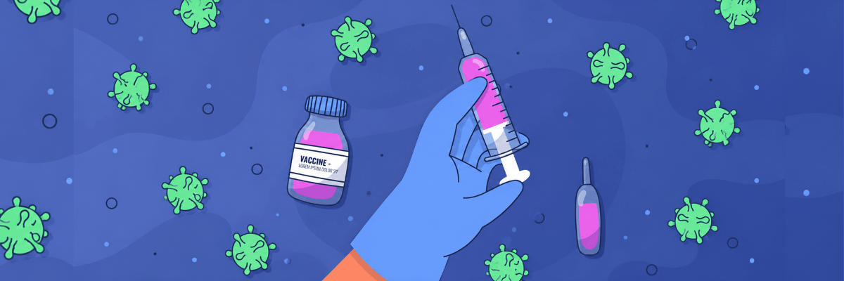 An illustration shows a gloved hand holding a syringe surrounded by a vaccine vial, an ampule, and green virus icons. The items are set against a dark blue background representing vaccination and disease prevention.